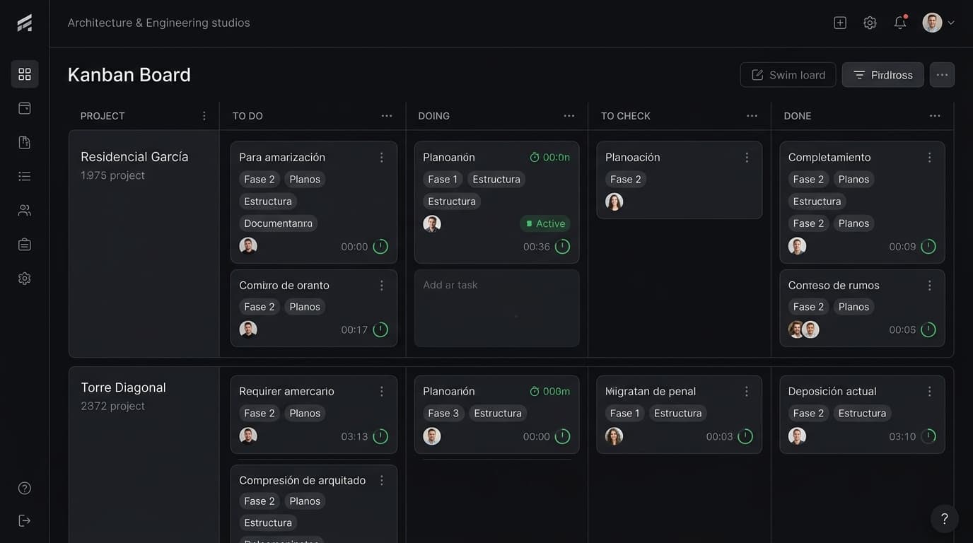 Tablero Kanban de Kantrack con swimlanes por proyecto
